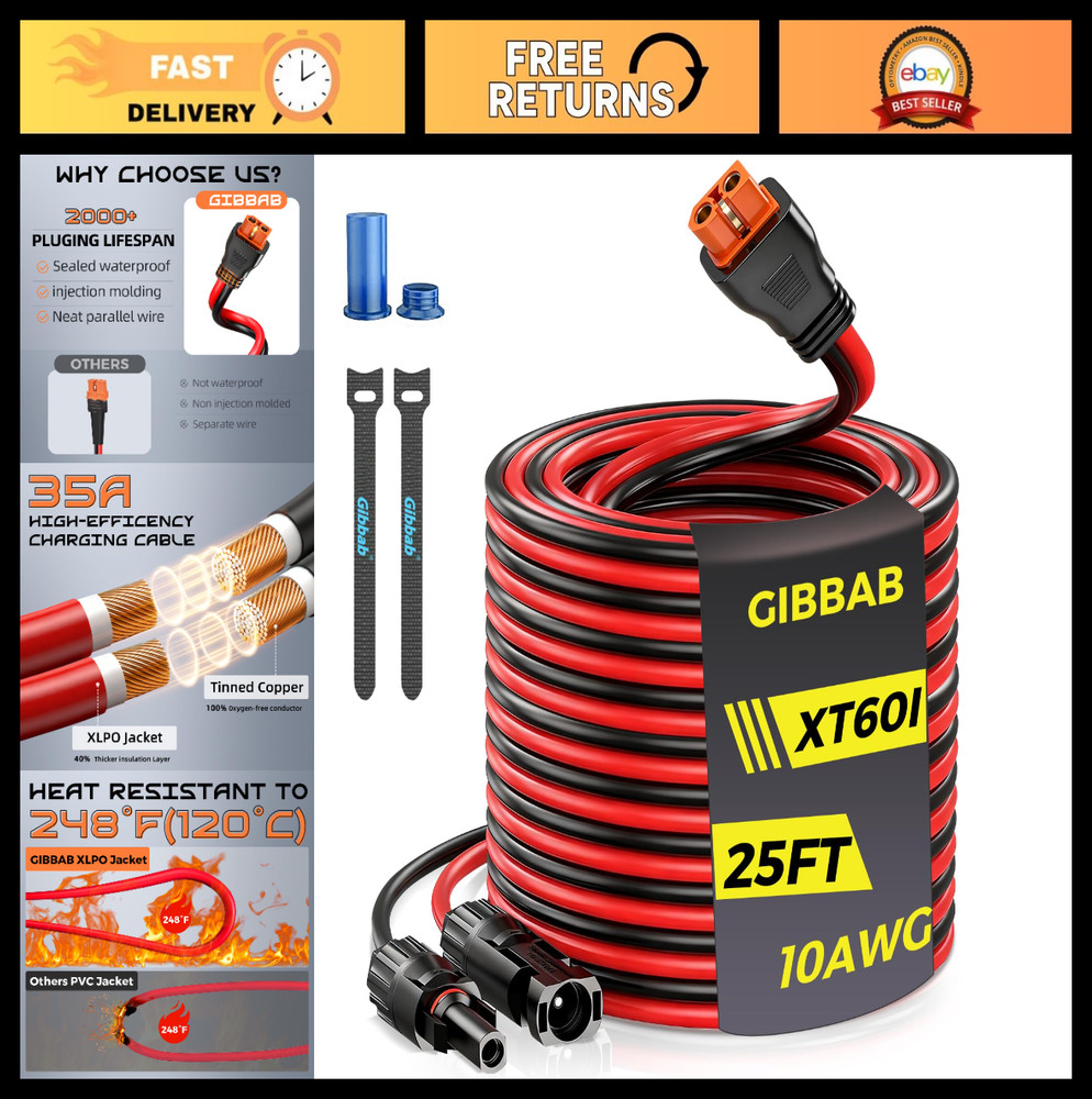 25FT 10AWG Solar Panel Connector XT60i Adapter Extension Cable with Caps & Ties