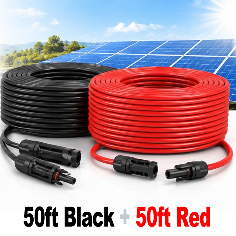 50ft Black + Red 10AWG Solar Panel Extension Cable Flexible Wire Connectors