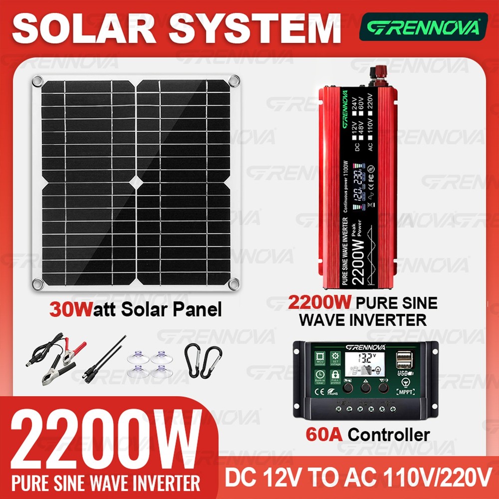 Grennova 2200W Real Power Solar Kit Pure Sine 60A MPPT RV Farm Home