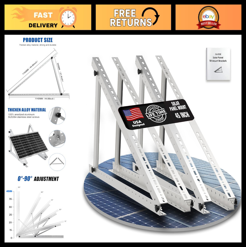 Adjustable Solar Panel Mount Brackets with Foldable Tilt Legs, 2 Sets for 180-50