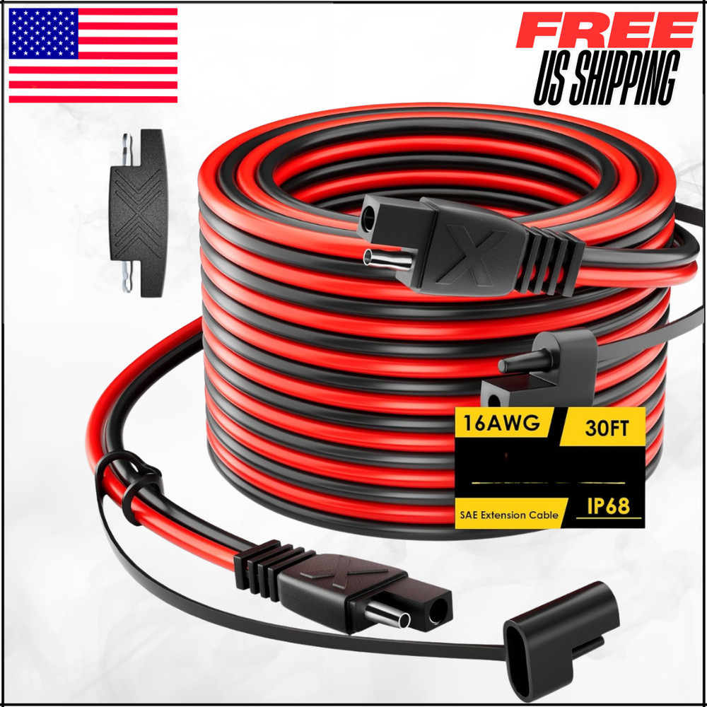 SAE To SAE Extension Cable Pure Copper Cord Wire Connectors W/Adapter 16 AWG 30′