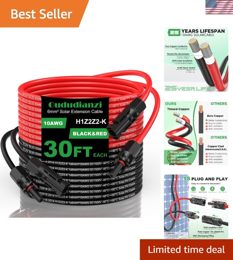 Solar Extension Cable 30Ft 10AWG, Solar Wire, 10 Gauge Tinned Copper PV Wire,…