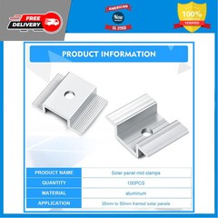 100 Pack Solar Panel Mid Clamps 1.06 Inch Aluminum Mounting Bracket Kit