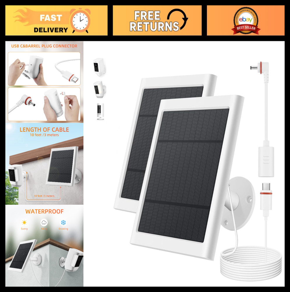 2 Pack Solar Panel Charger for Ring Camera, 4W Outdoor Power Supply, 10ft Cable