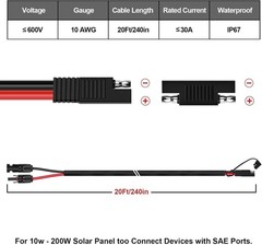 Heavy Duty 10AWG Solar Panel Connector Cable 20ft