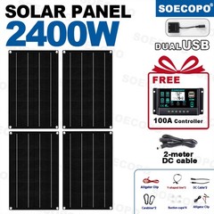 2400W 4-Panel Solar Kit – 100A Controller +Y-Cable/Suction Cups Home/Outdoor