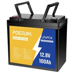 POERUNI 12V 100Ah LiFePO4 Deep Cycle 15000+ Lithium Battery Built-in BMS For RV