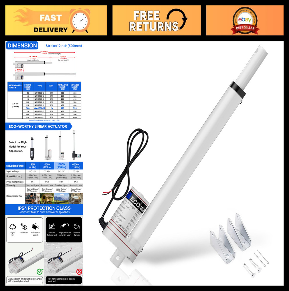 Heavy Duty 330lbs Solar Tracker Linear Actuator 12V 10″ IP54 Waterproof with Bra