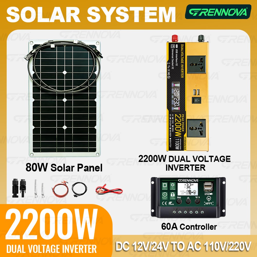 Grennova 2200W Solar Kit 80W Panel 12V/24V To 110V/220V Inverter 60A Controller