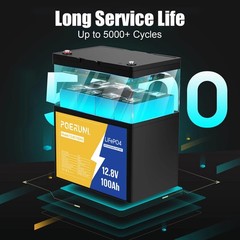 POERUNI 12V 100Ah LiFePO4 Deep Cycle 15000+ Lithium Battery Built-in BMS For RV