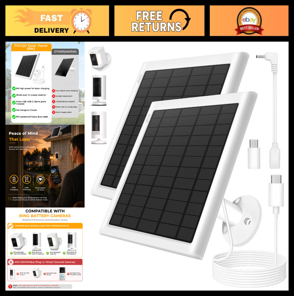 2-Pack 8W Solar Panel Charger for Ring Stick Up & Spotlight Cam, IP65 Waterproof
