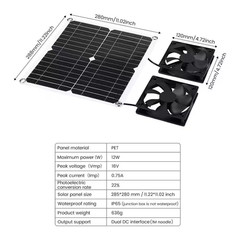 12W Solar Panel Fan Kit with Dual DC Fan for Greenhouses, Chicken Coops, Sheds,
