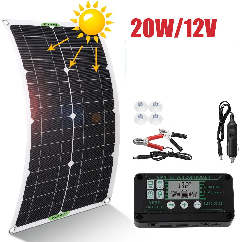 20W Solar Panel 12V Trickle Charger Battery Charger Kit Maintainer Boat Car RV