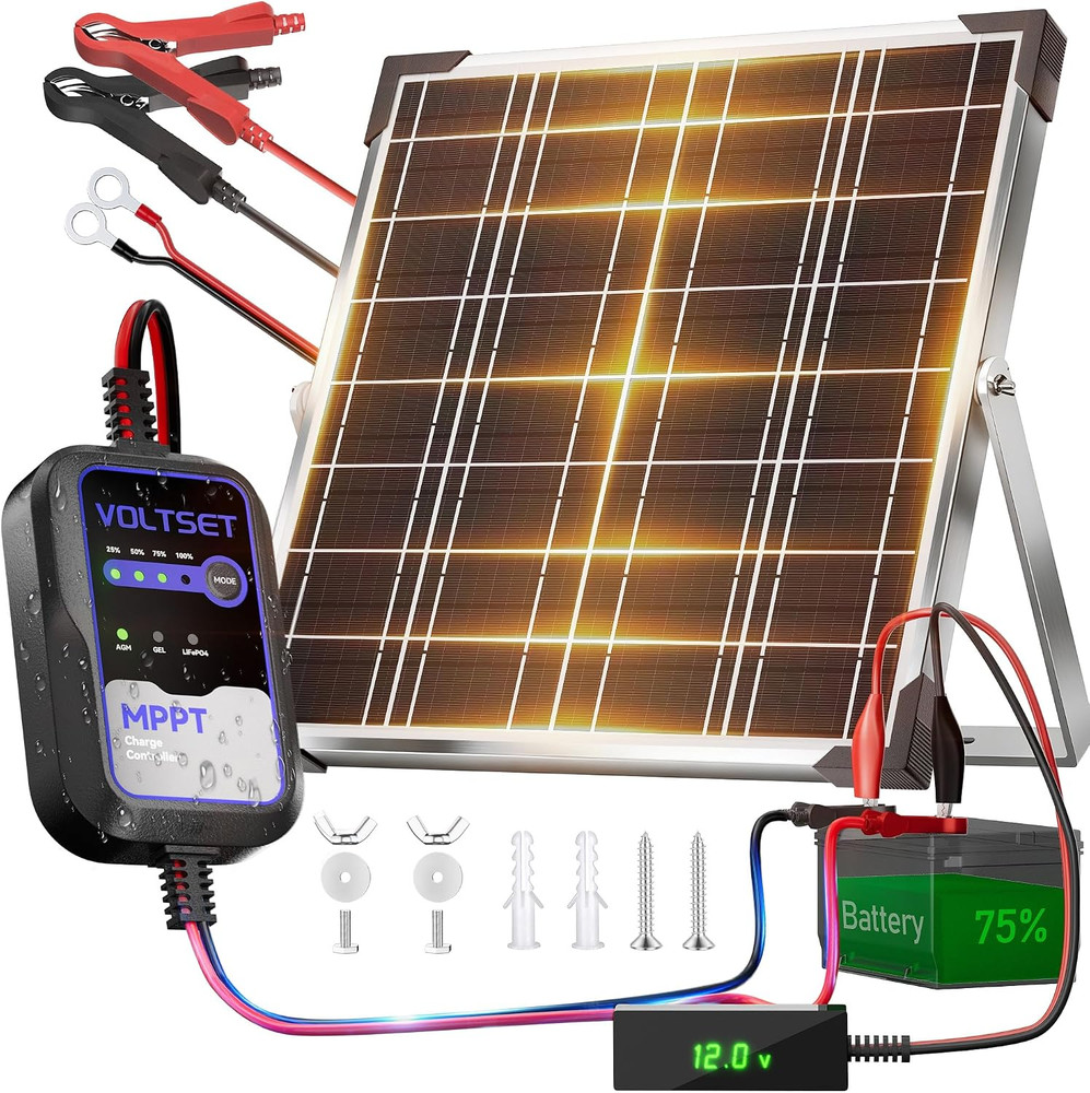 Voltset 12V Solar Battery Charger with LCD Voltage Tester – 20W Solar Trickle Ch