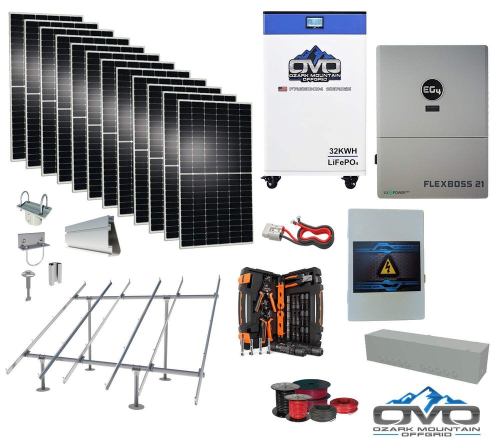 6KW Complete Offgrid Solar Kit + EG4 FlexBOSS21 Inverter + 32KW OMO 48V Freedom