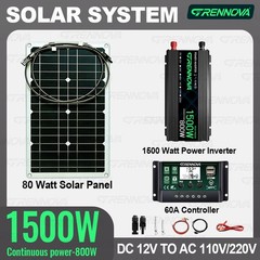 Grennova 1500W Solar Power Kit 80W Panel 12V To 110V/220V Inverter 60A Controlle