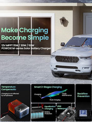 POWOXI 50W Solar Battery Charger: 12V Solar Car Battery Trickle Maintainer – wit