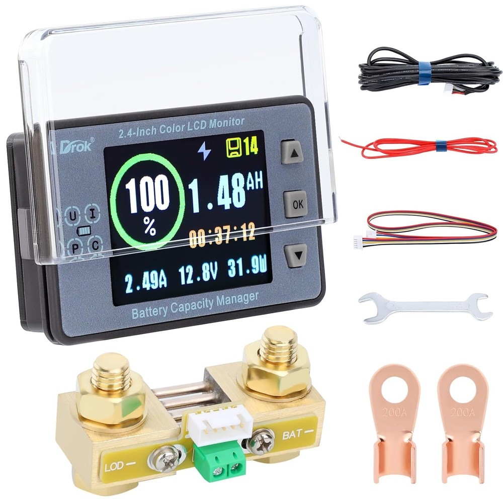 DROK Coulometer, DC 8-100V 100A Battery Monitor 12V 24V 36V 48V 60V Volt Amp Wat