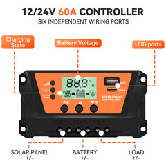 1/2 pieces 60A solar controller, 12V/24V automatic recognition LCD display