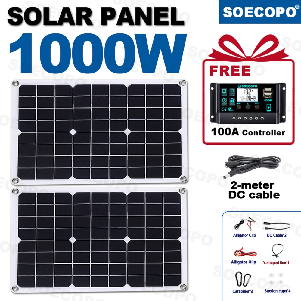 1000W Solar Panels – 2 x 500W Lightweight PV Panels+Y-Cable for Outdoor Charging