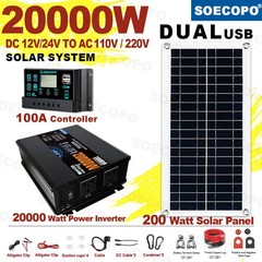 20000W Solar System with Panel | 100A Controller + 12V/24V to 110V/220V Inverter