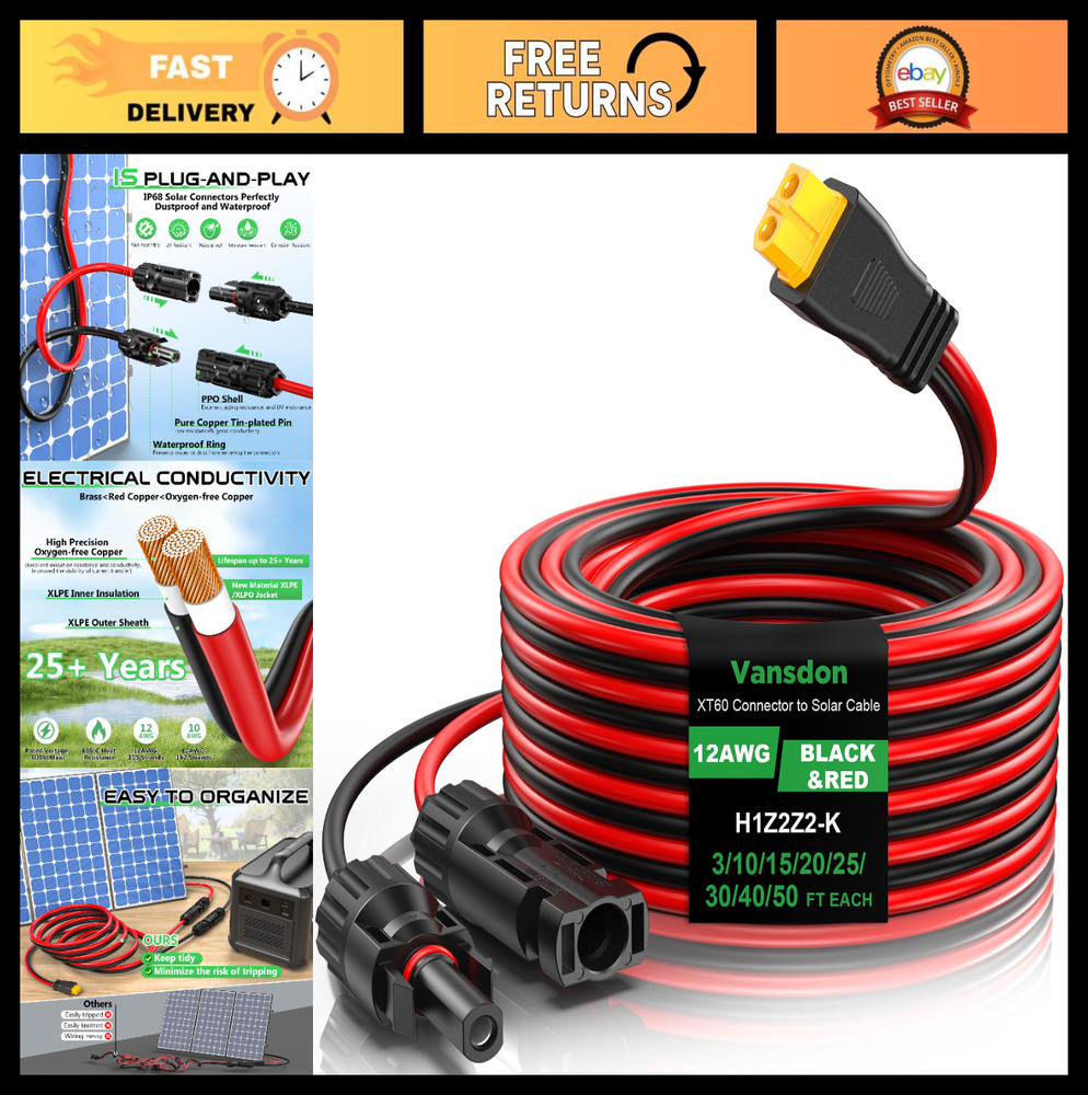 30FT XT60 Solar Cable 12AWG Extension Adapter for RV Power Station Generator