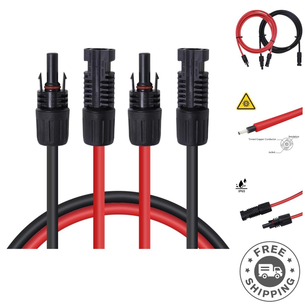 10AWG Solar Extension Cable – Male and Female Connectors – 20 Foot Durable Cable