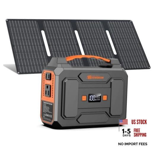 Portable Power Station with 40W Solar Panel, 100W Solar Powered Black Gray