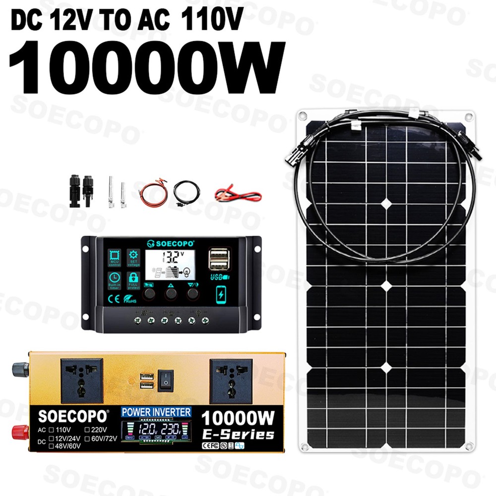 10000W Solar Power System Kit, 12V24V to 110V/220V Inverter Flexible Panel