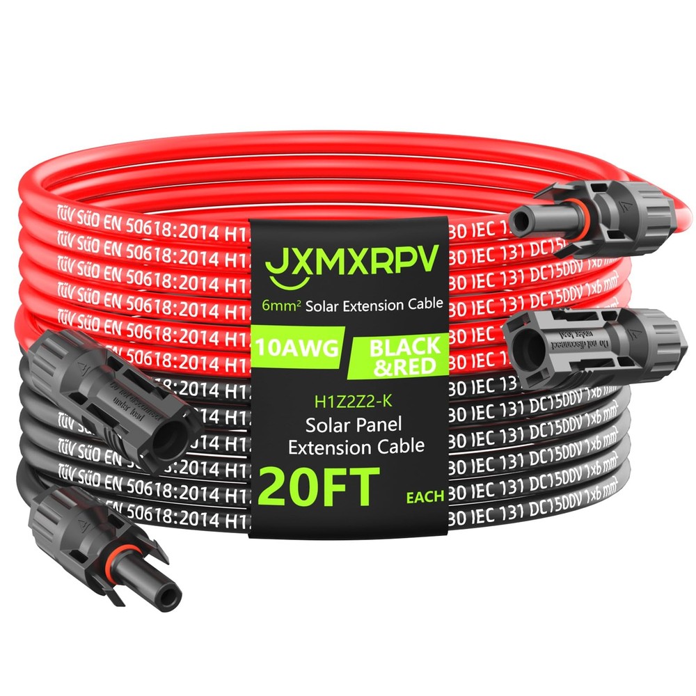 Solar Extension Cable 20ft 10AWG PV Wire Waterproof Connectors Outdoor Power