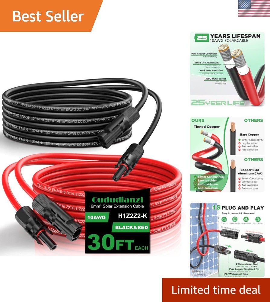 High-Quality 30Ft 10AWG Solar Panel Cables with Reliable Waterproof Connectors