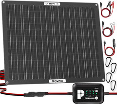 POWOXI 50W Solar Battery Charger: 12V Solar Car Battery Trickle Maintainer – wit