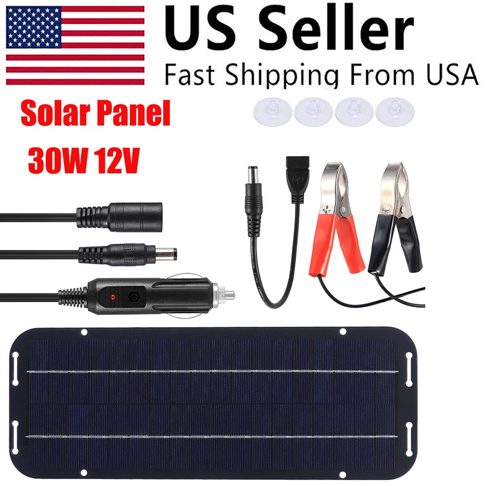 30W Solar Panel 12V Trickle Charger Battery Charger Kit Maintainer Boat Car RV