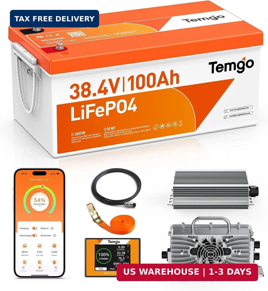 36V (38.4V) 100Ah LiFePO4 Lithium Golf Cart Battery, Built-in 200A BMS, Complete