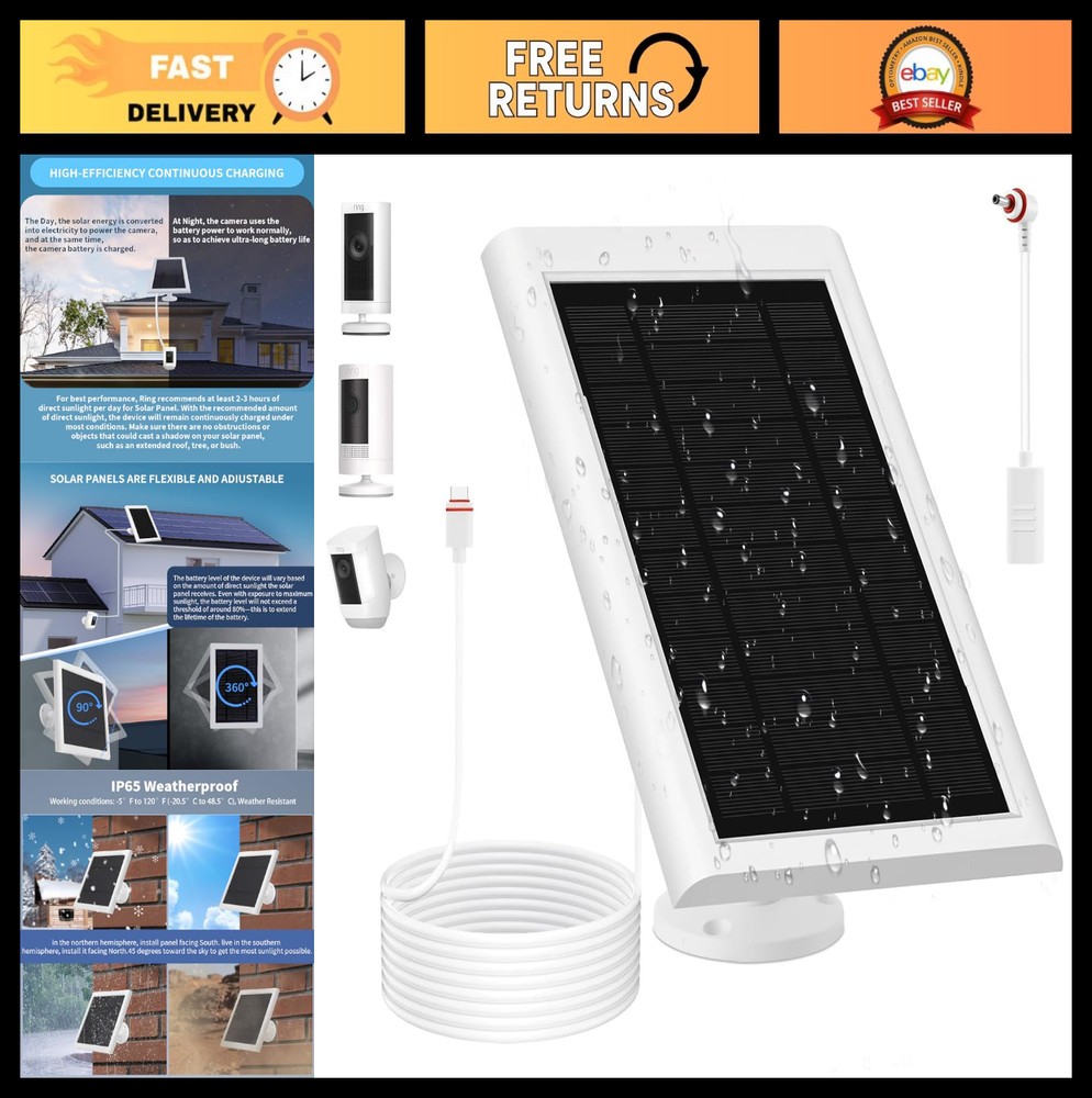 5W Solar Panel for Ring Camera 2nd Gen – Waterproof, Dustproof, 10FT Cable, Secu