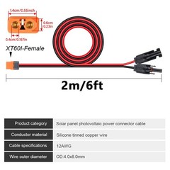 6ft/2m 12AWG XT60i Female Connector to Solar Panel Extension Charging Cable Wire