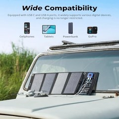 28W Solar Panel Charger with Digital Ammeter, USB-A/USB-C Outputs | Black