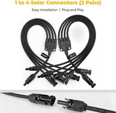 PV Solar Panel Y Connectors 1 Male to 4 Female, 2 Pairs