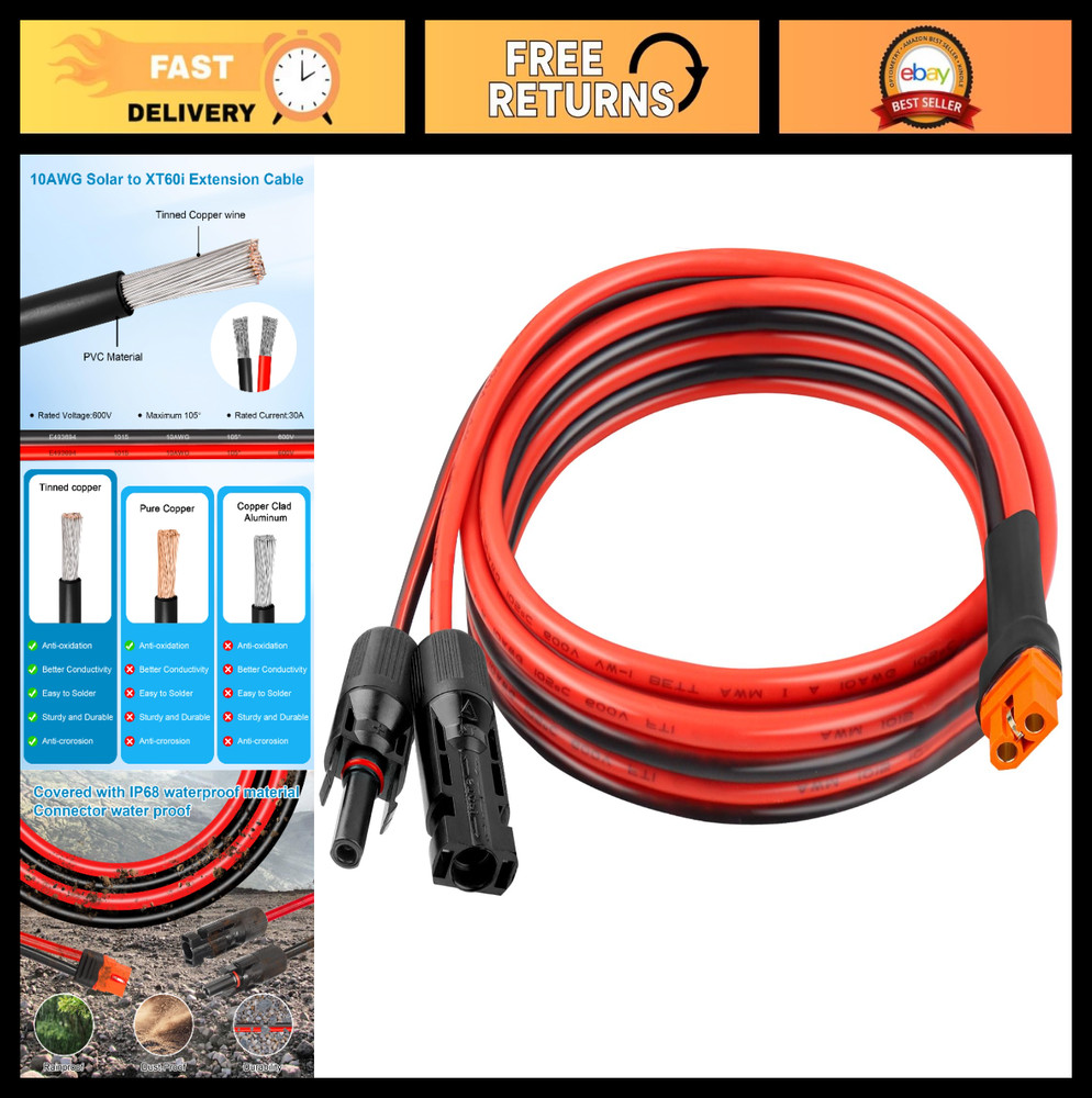 10FT 10AWG Solar XT60i Extension Cable – Heavy Duty Connector for Power Station,