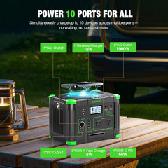 1000W Solar Generator 999Wh, Portable Power Station with 60W USB-C PD Output, 11