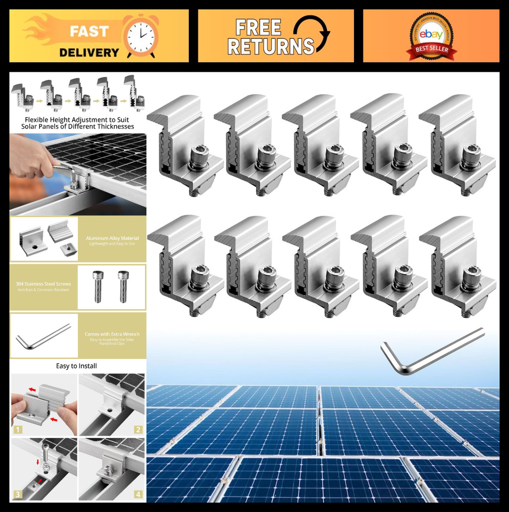 10pcs Solar Panel End Clamps 30-50 mm Adjustable, Solar Mount Bracket