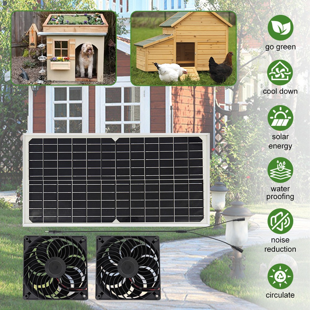 Solar Powered Fan 30W Waterproof Solar Panel Dual Exhaust Fan for Chicken Coop