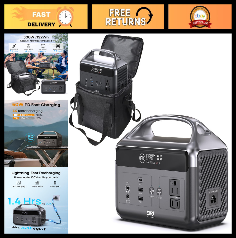 Portable Power Station 192Wh Solar Generator, 2 AC 300W, USB-C 60W PD, Camping,