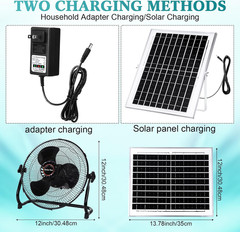 15000Mah 12 Inch Solar Panel Powered Fan, 2 in 1 Solar Panel or AC Charger Power