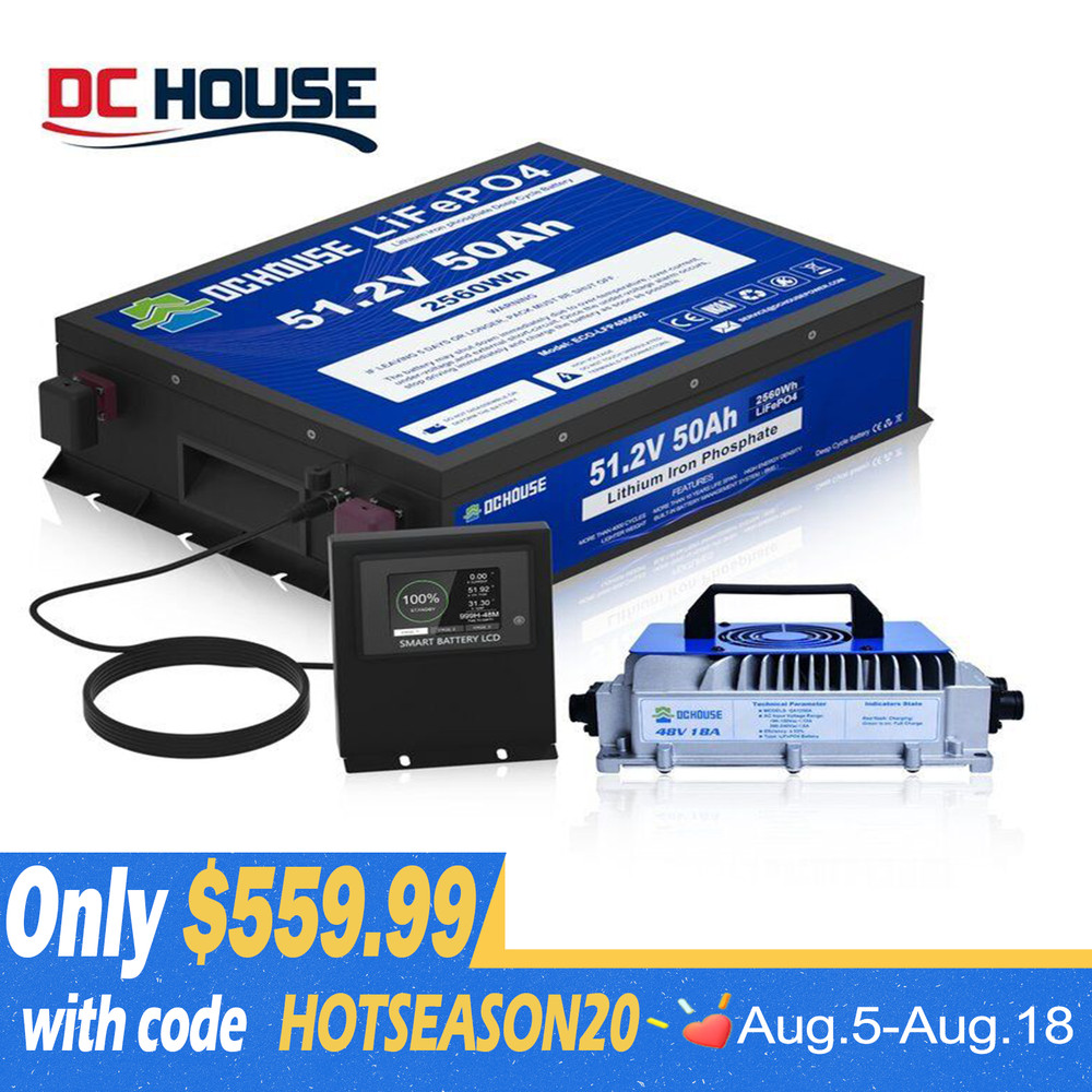 48V 50Ah LiFePO4 Lithium Battery Golf Cart with 18A Charger Smart Monitor RV