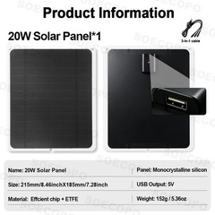 20W Flexible Mono Solar Panel USB Charger Phone Camping 3-in-1 Cable Included