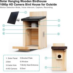 Solar Bird House W/ Camera 1080P HD Wooden Smart Birdnest Solar Powered Watch