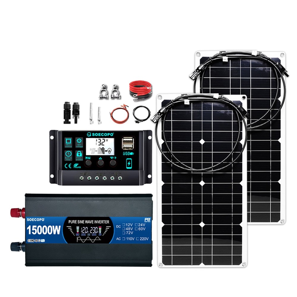 15000W Solar System Kit 100A Controller DC12V AC 110V 220V 2pcs Flexible PanelC1