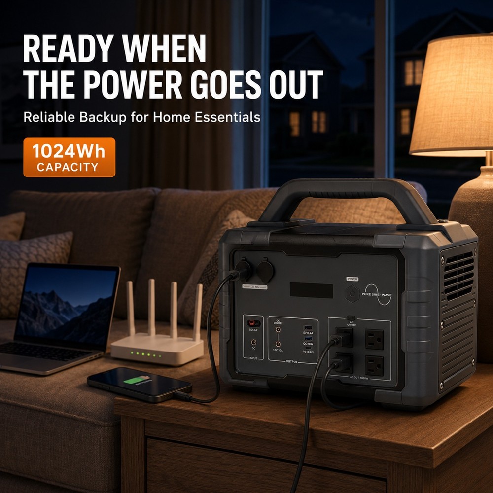 1000W 1024Wh Black Power Station LED Flashlight Outdoor + Home Backup Generator