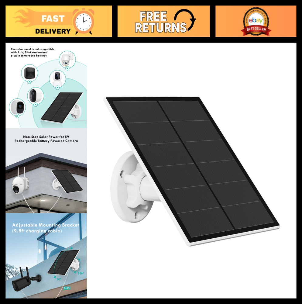 5W Solar Panel Charger for Outdoor Security Camera, IP65 Waterproof, 9.8ft Cable